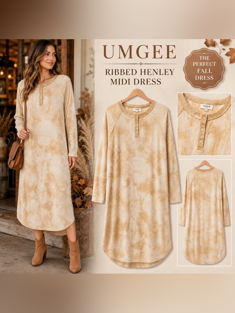 Umgee Beige Tie-Dye Ribbed Henley Midi Dress